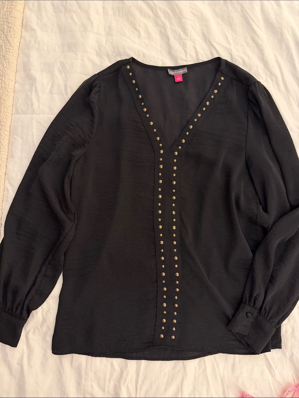 Vince Camuto Black V-Neck Studded Long Sleeve Blouse